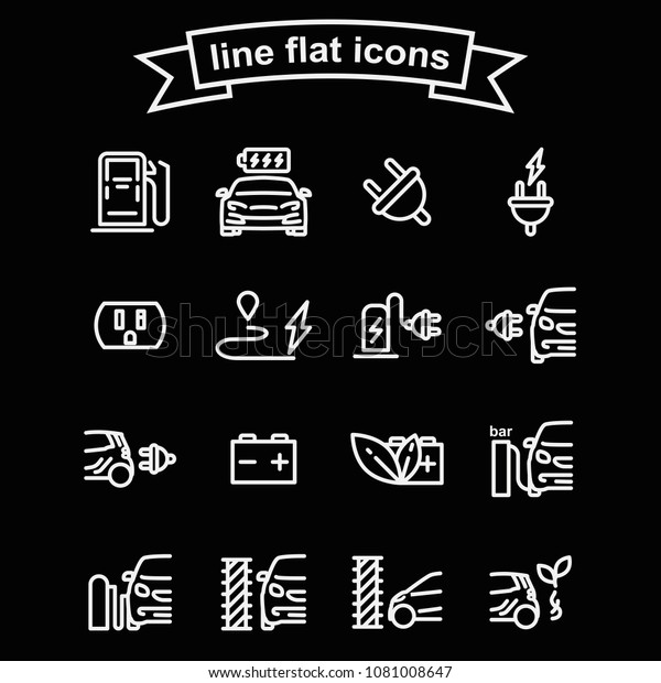 Set of electric car, electrical charging station,
car wash and other related symbols. Flat outline black and white
vector icon.