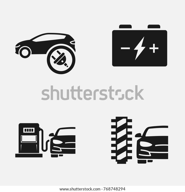 Set of electric car,\
electrical charging station, car wash and other related symbols.\
Flat  vector icon.