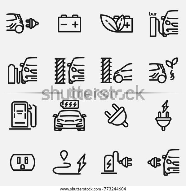 Set of\
electric car, electrical charging station, car wash and other\
related symbols. Flat outline vector\
icon.