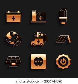 Elektrischer Wagen, Stromauslass, Betriebsschalter, Solarenergiefeld, Erdkugel und Blatt, LED-Glühbirne und Auto-Batteriesymbol. Vektorgrafik