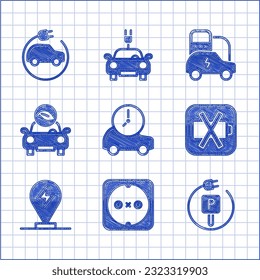 Set Electric car, Electrical outlet, Charging parking electric, Low battery, Eco,  and  icon. Vector