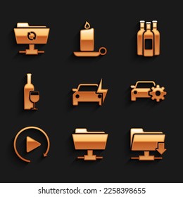Set Electric car, FTP folder, download, Car service, Video play button and Wine bottle with glass icon. Vector