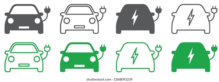 Set of electric car icons. Eco friendly auto with electrical charging cable icon. Hybrid car, charging station sign. Vector.