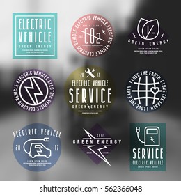 Set of electric car labels. Print on blurred background