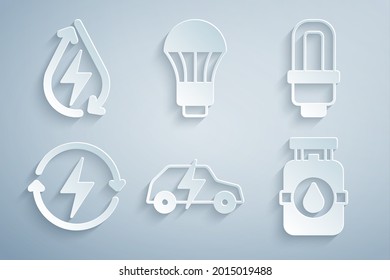 Set Electric car, LED light bulb, Recharging, Propane gas tank,  and Water energy icon. Vector
