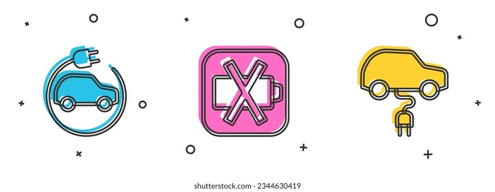 Ajuste el coche eléctrico, batería baja e icono. Vector