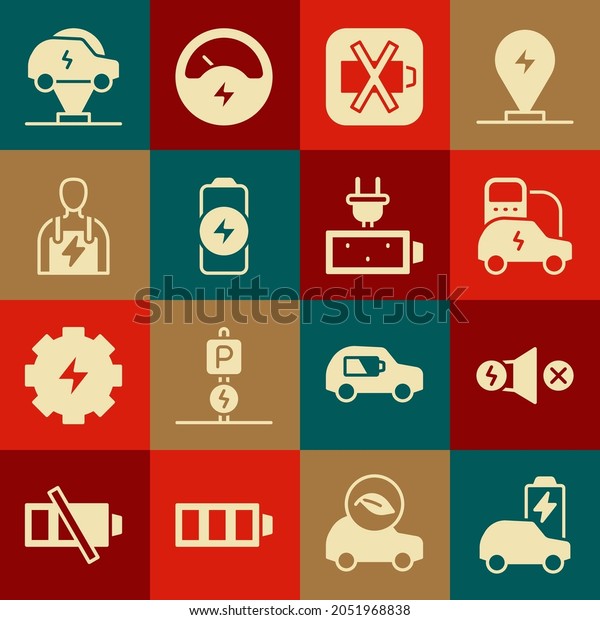 Set Electric car, motor, Low battery,
Battery charge, Car mechanic,  and  icon.
Vector