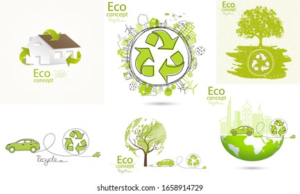 Establecer. camión eléctrico en el mundo. Símbolo de reciclaje. Un mundo respetuoso con el medio ambiente. Casa. La ciudad en el mundo.Vamos verde. Dibujo de Doodle. Hecho a mano. Desarrollo sostenible. Dibujo de Scribble.Vector