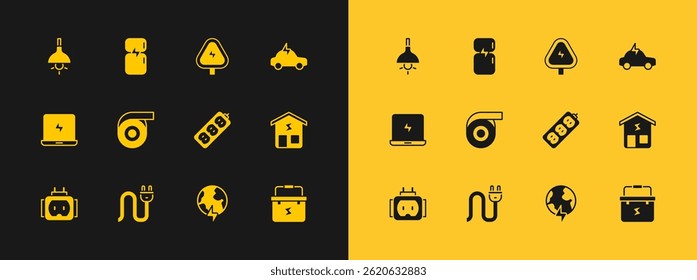 Set Electric car, plug, extension, Global planet with thunderbolt, Roll adhesive tape, High voltage, Lamp hanging and Refrigerator icon. Vector
