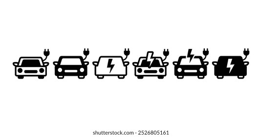 set of electric car with plug wire symbol icon vector design black white color illustration 