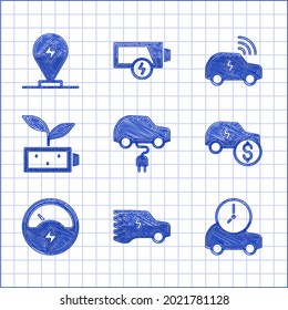 Set Electric car, price, Voltmeter, Eco nature leaf battery, Smart system and Charging parking electric icon. Vector