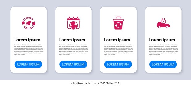 Ajuste el coche eléctrico, la papelera de reciclaje, el Día Mundial de la Tierra y ahorre hojas de enchufe. Plantilla de infografía empresarial. Vector