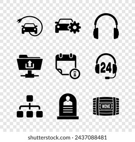 Set Electric car, Car service, Headphones, Hierarchy organogram chart, Tombstone with RIP written and Wooden barrel for wine icon. Vector