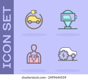 Set Electric car service, Car mechanic and Battery charge icon. Vector