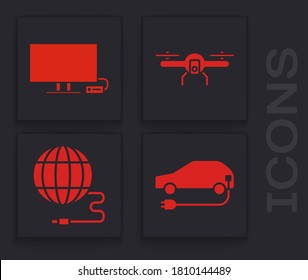 Set Electric Car, Smart TV, Drohne fliegen und Social Network Symbol. Vektorgrafik