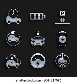 Ajuste el coche eléctrico, el voltímetro, la carga de la batería, el hogar de carga, el estacionamiento eléctrico y el icono. Vector