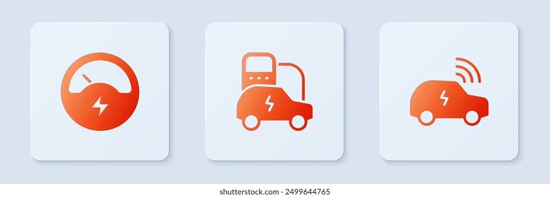 Set Electric car, Voltmeter and Smart system. White square button. Vector