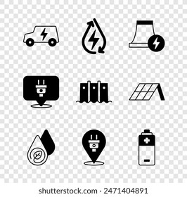 Set Electric car, Water energy, Nuclear power plant, plug, Battery,  and Hydroelectric dam icon. Vector