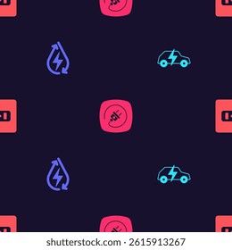 Set Electric car, Water energy, plug and Electrical outlet on seamless pattern. Vector