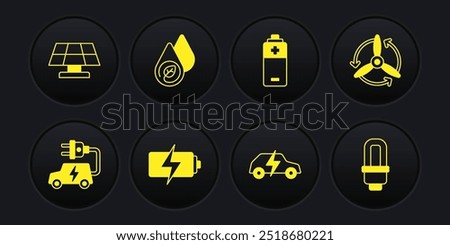 Set Electric car, Wind turbine, Battery, Water energy, LED light bulb and Solar panel icon. Vector