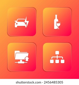 Set Electric car, Wine bottle with glass, FTP folder upload and Hierarchy organogram chart icon. Vector