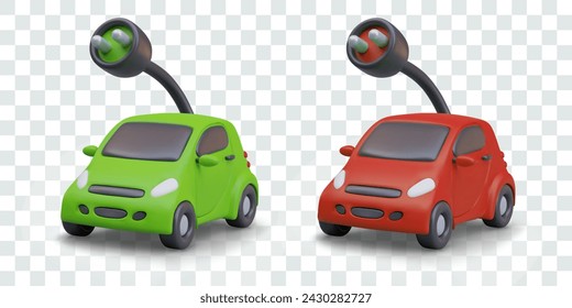 Set of electric cars of different colors. Red and green vehicle with battery