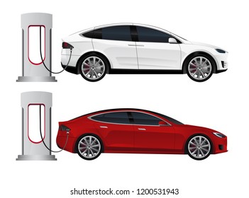 Set of electric cars (new energy vehicles, NEV) isolated on white background. Vector illustration