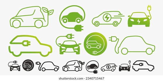 Juego de coches eléctricos con símbolo de icono de enchufe. Vehículo EV, vehículos híbridos verdes logotipo de diseño de punto de carga. El concepto de vehículo ecológico. Ilustración de electricidad vectorial. Autoconcepto electrónico ecológico.