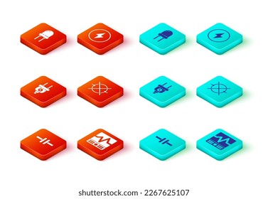 Set Electric circuit scheme, Electrical measuring instruments, plug, Lightning bolt and emitting diode icon. Vector