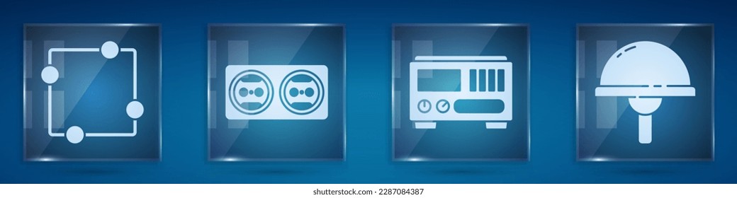 Set Electric circuit scheme, Electrical outlet, Electrical measuring instruments and Light emitting diode. Square glass panels. Vector