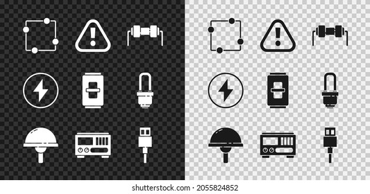 Set Electric circuit scheme, Exclamation mark in triangle, Resistor electricity, Light emitting diode, Electrical measuring instruments, USB cable cord, Lightning bolt and light switch icon. Vector