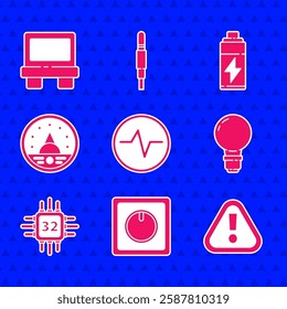 Set Electric circuit scheme, Exclamation mark in triangle, Light bulb with concept of idea, Processor microcircuits CPU, Ampere meter, multimeter, voltmeter, Battery and Fuse icon. Vector