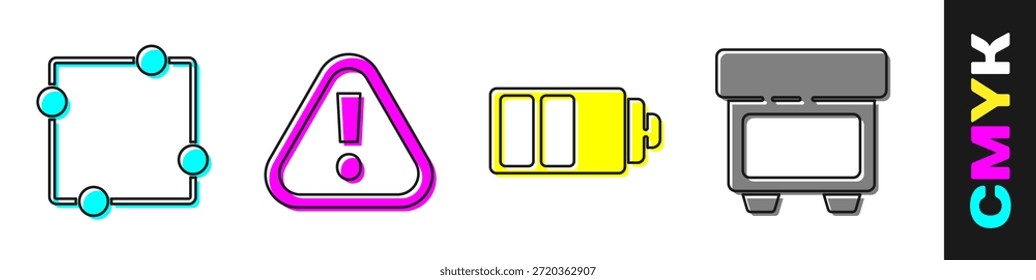 Definir esquema do circuito elétrico, Ponto de exclamação em triângulo, Indicador do nível de carga da bateria e ícone Fusível. Vetor