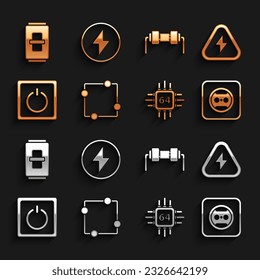 Set Electric circuit scheme, High voltage, Electrical outlet, Processor with microcircuits CPU, light switch, Resistor electricity,  and Lightning bolt icon. Vector