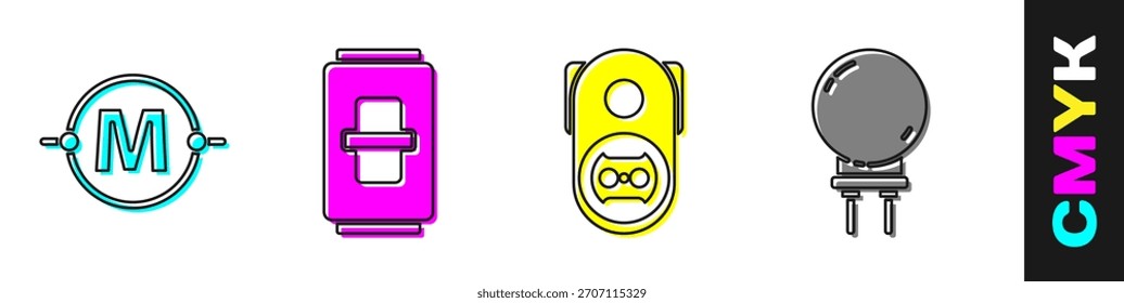 Conjunto Esquema de circuito eléctrico, interruptor de luz eléctrica, toma de corriente eléctrica e icono de diodo emisor de luz. Vector