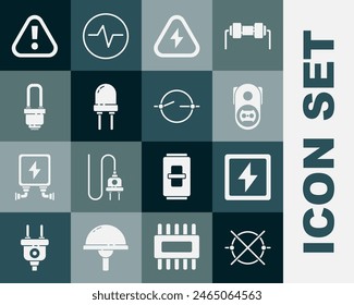 Set Electric circuit scheme, Lightning bolt, Electrical outlet, High voltage, emitting diode, LED light bulb, Exclamation mark triangle and  icon. Vector