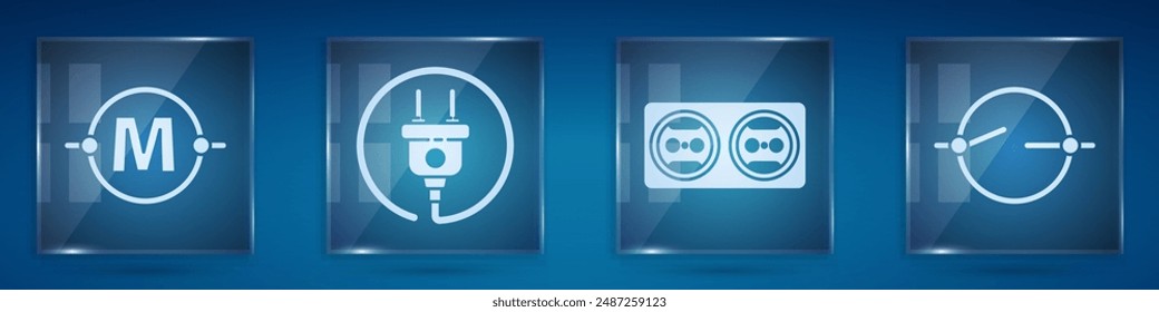 Set Elektrisches Schaltschema, elektrischer Stecker, elektrische Steckdose und elektrisches Schaltschema. Quadratische Glasscheiben. Vektorgrafik