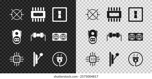 Set Electric circuit scheme, Processor with microcircuits CPU, light switch, Electrical panel, plug, outlet and Resistor electricity icon. Vector