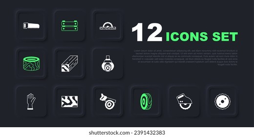 Set Electric circular saw, Circular blade, Wooden beam, Tree rings, logs, box and Hand and icon. Vector