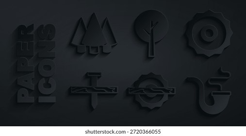 Set serra circular elétrica, lâmina, prego metálico, cachimbo de fumar, Árvore e ícone de árvore de Natal. Vetor