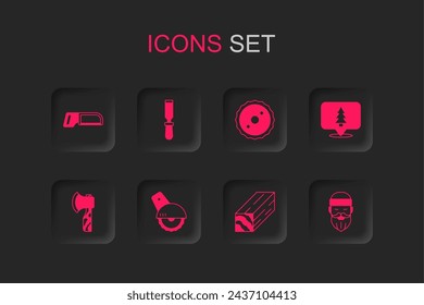 Set Electric circular saw, Chisel tool, Hacksaw, Wooden beam, Location of the forest, Lumberjack, Circular blade and axe icon. Vector