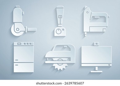 Set Electric circular saw, construction stapler, Refrigerator, Computer monitor, Blender and Angle grinder icon. Vector