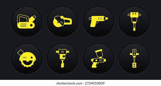 Conjunto Sierra circular eléctrica, martillo neumático de construcción, mezclador de hormigón eléctrico de mano, pistola de pulverización de pintura, destornillador inalámbrico, amoladora angular e icono de herramienta de cepilladora. Vector