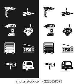 Set Electric circular saw, cordless screwdriver, drill machine, Angle grinder, heater and Radio icon. Vector