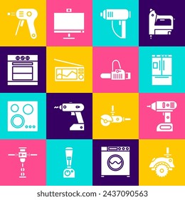 Set Electric circular saw, cordless screwdriver, Refrigerator, industrial dryer, Radio and Oven icon. Vector