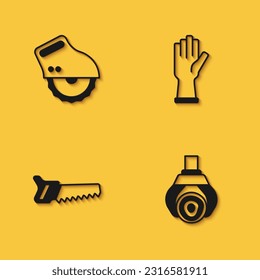 Set Electric circular saw, Grapple crane grabbed log, Hand and Protective gloves icon with long shadow. Vector