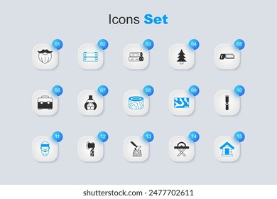 Set Electric circular saw, Grapple crane grabbed log, Wooden box, Lumberjack, Dog house, Chisel tool, Mustache and beard and logs icon. Vector