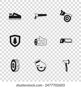 Set Electric circular saw, Hacksaw, Wooden axe, log, Hand and, plane tool,  and Shield with tree icon. Vector