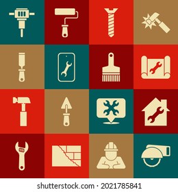 Set Electric circular saw, House repair, Graphing paper and wrench, Metallic screw, Mobile service, Rasp metal file, Construction jackhammer and Paint brush icon. Vector