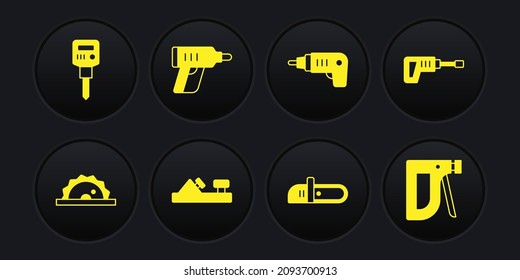 Set Eléctrico sierra circular, máquina de perforación de martillo rotario, herramienta de plano de madera, Chainsaw, destornillador inalámbrico, grapadora de construcción e icono de jackhammer. Vector